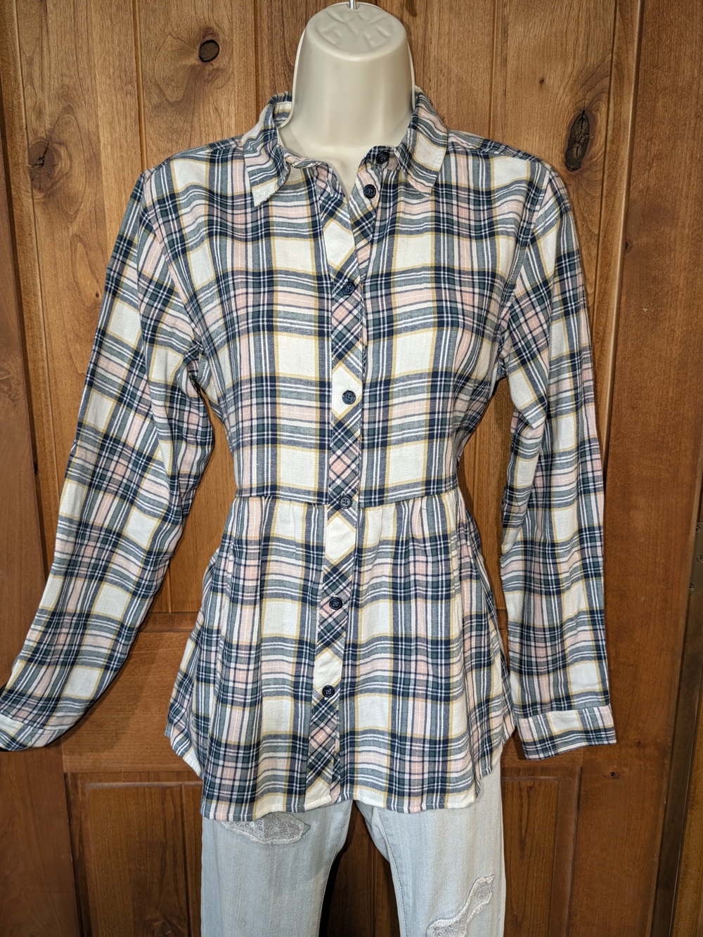 Vanilla Star Pink, Blue, Green & Cream Plaid Flannel Button-Down Peplum Shirt